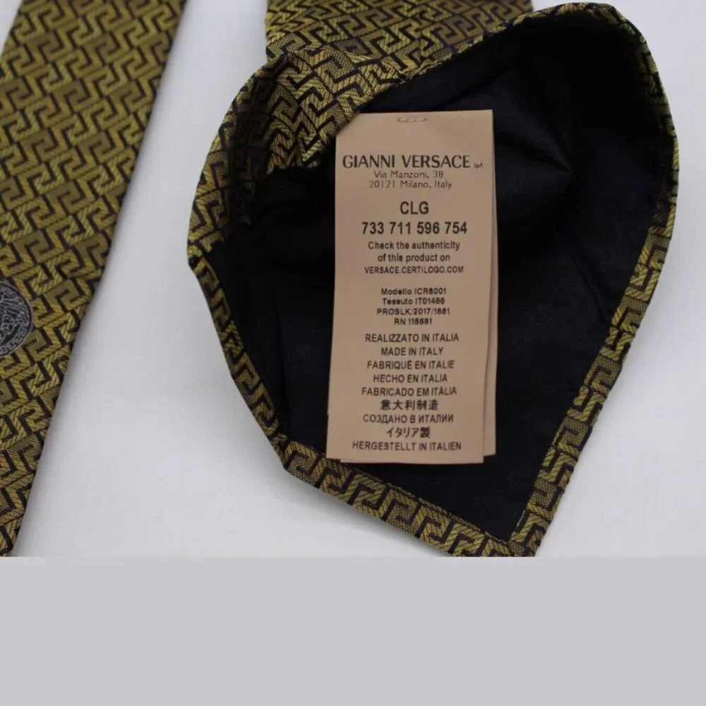 $250 Versace Medusa 100% Silk Tie - Gold/Black Greek Key Pattern - NWOT